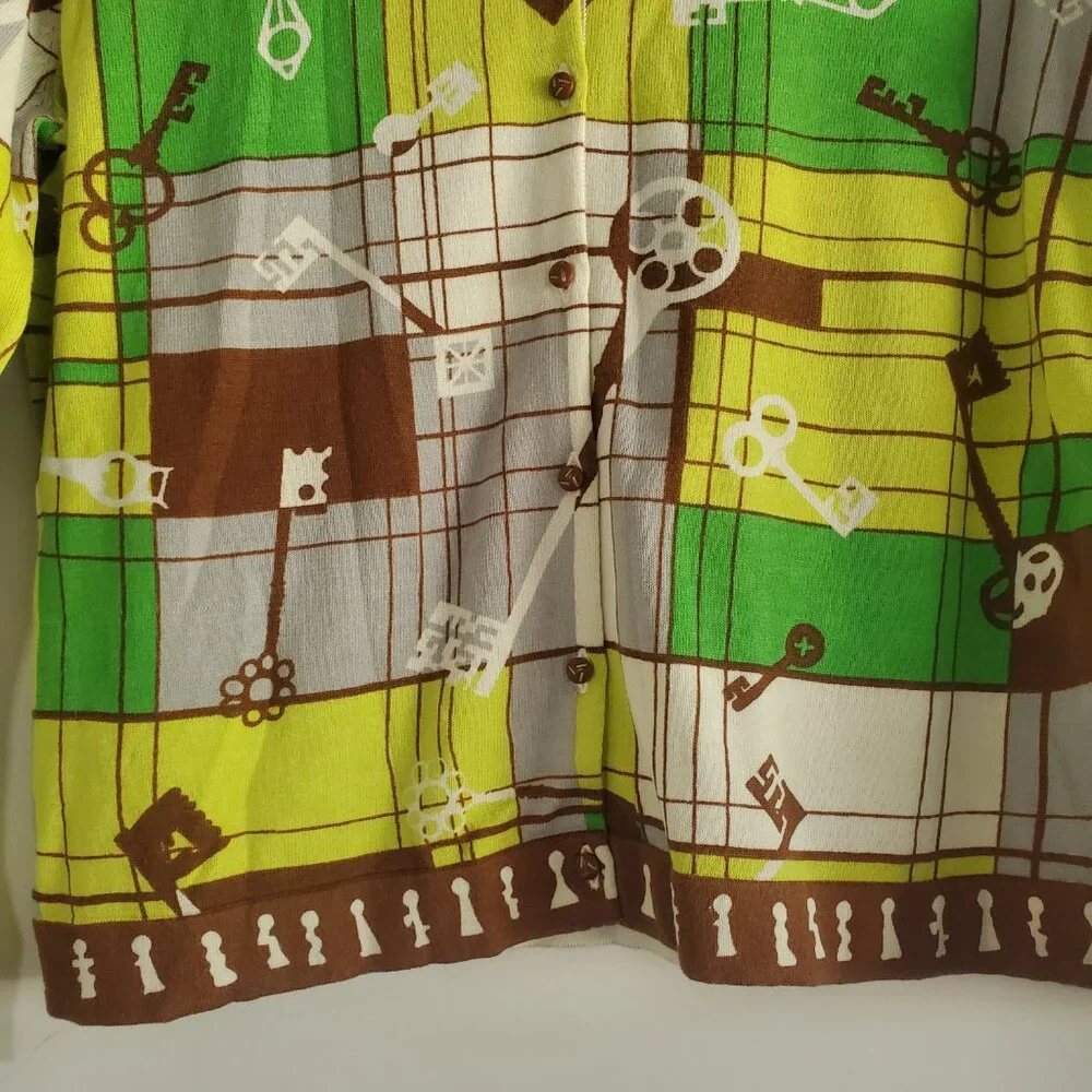 Cabi Printed Cardigan Sweater Medium Green Yellow Preppy Twee Novelty Vintage - Picture 3 of 9